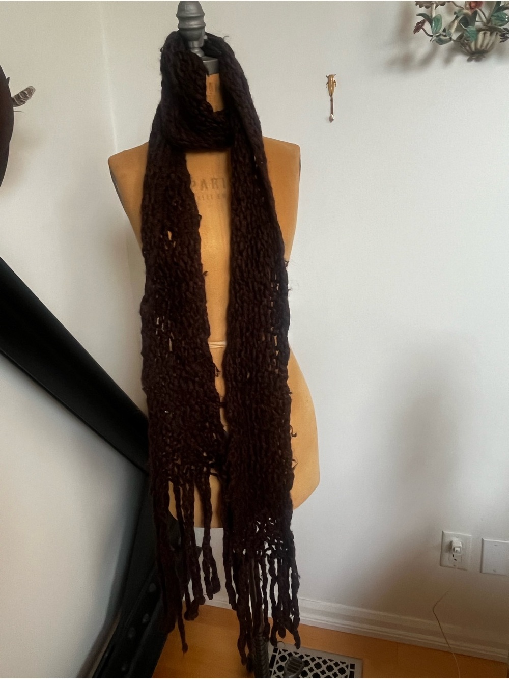 Holt Renfrew Hand-Knit Long Fringe Scarf - Dark Brown